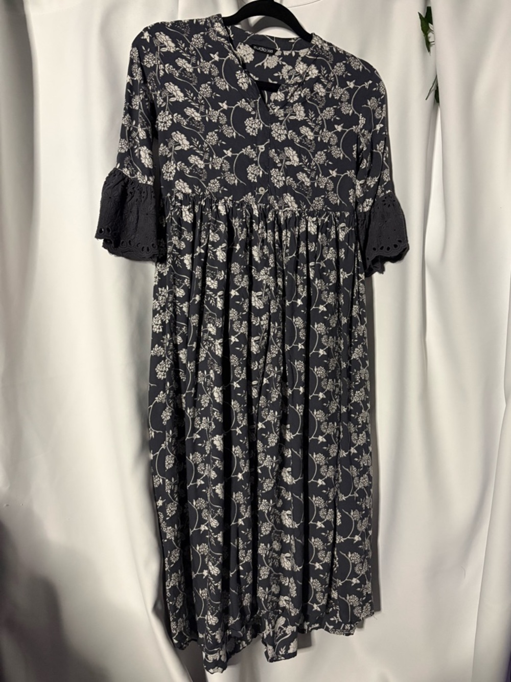 Dark Grey and White Floral Midi Dress with Eyelet Sleeve Detail